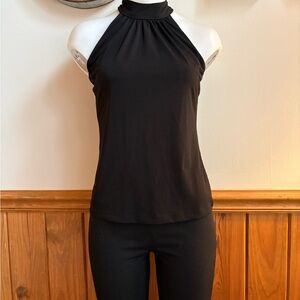 New York & Company Black Halter Tank Top Gathered Neck, Sz S, keyhole on back